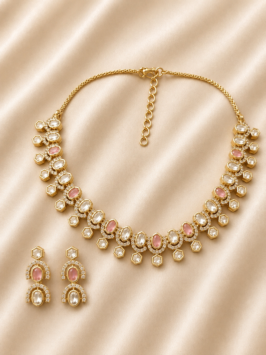 Blush Aura Brass Kundan Necklace Set