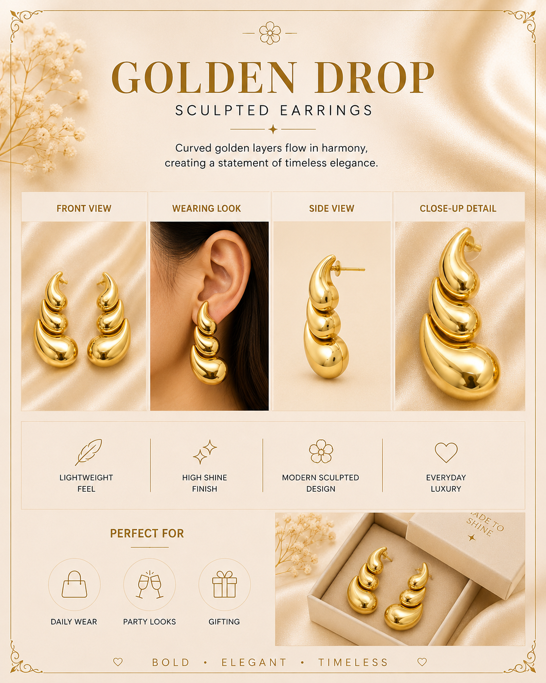 Golden Drop Sculpt Earrings