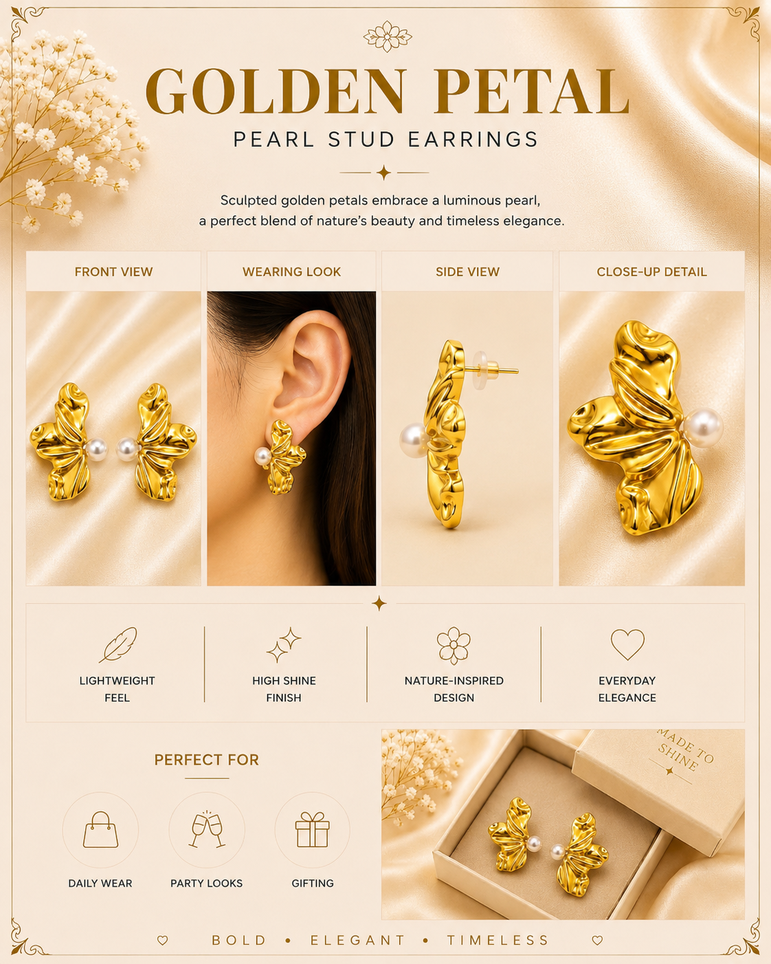 Golden Petal Pearl Studs