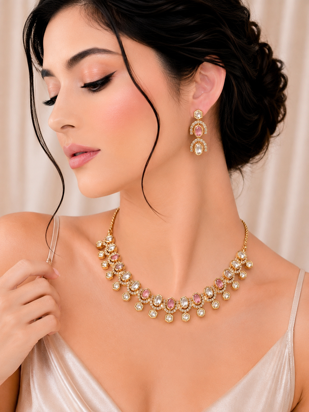Blush Aura Brass Kundan Necklace Set