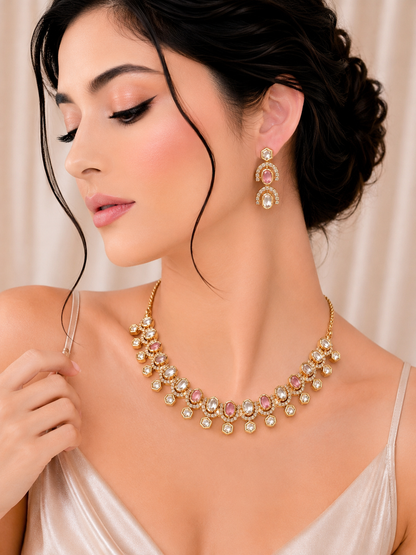 Blush Aura Brass Kundan Necklace Set