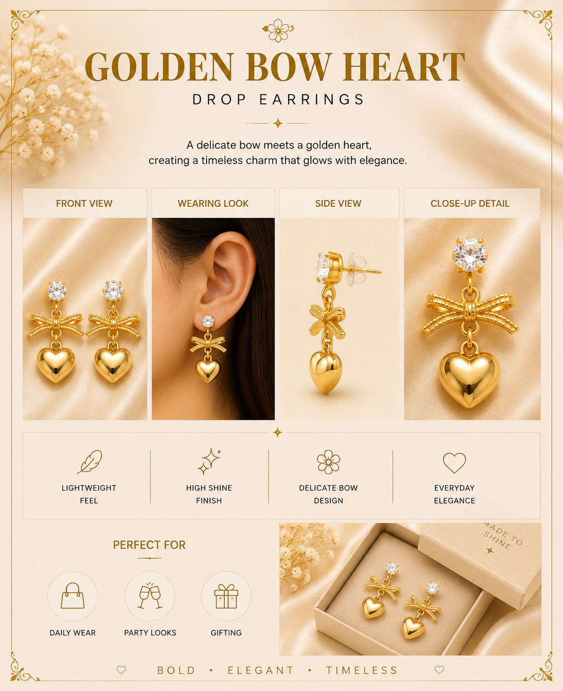 Golden Bow Heart Drops