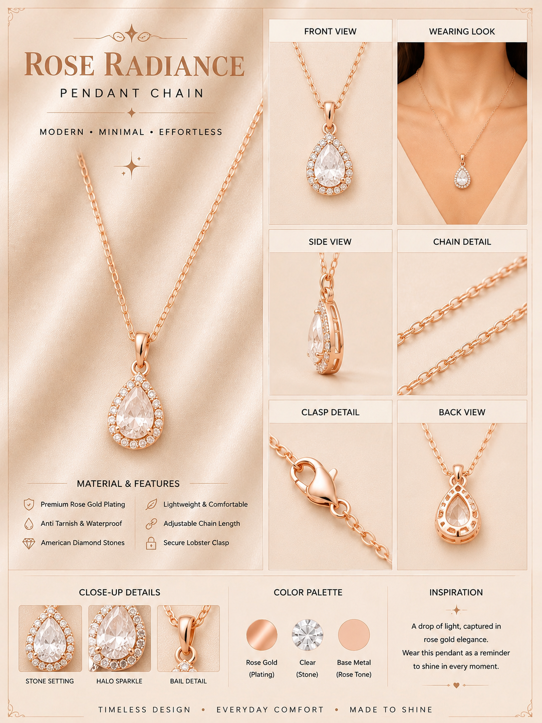 Rose Teardrop Halo Pendant