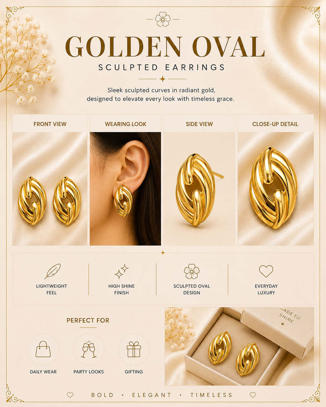 Golden Oval Sculpted Earrings