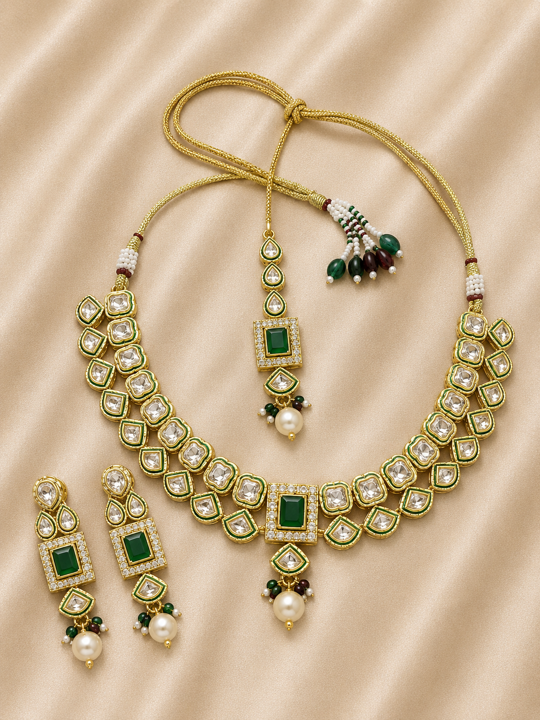 Emerald Rajwadi Kundan Necklace Set